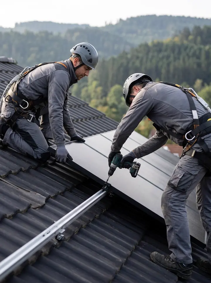 Zwei Monteure montieren ein schwarzes Solarmodul auf einem Ziegeldach