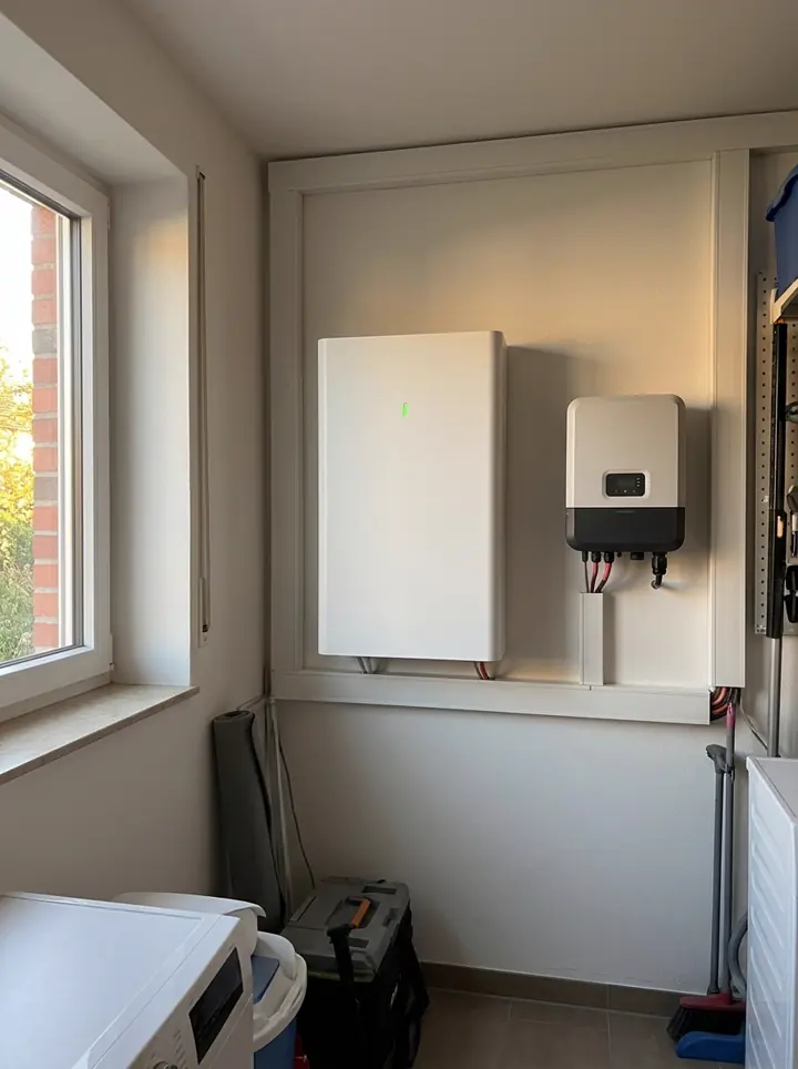 Stromspeicher und Wechselrichter an der Wand eines Hauswirtschaftsraums