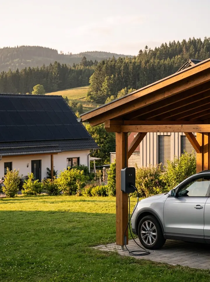 Wallbox im Carport lädt ein Elektroauto, dahinter ein Haus mit Solaranlage