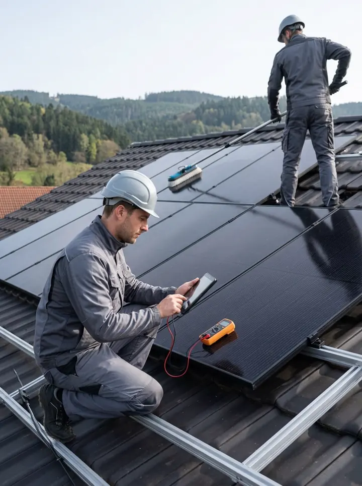 Techniker prüft ein Solarmodul auf dem Dach mit einem Tablet