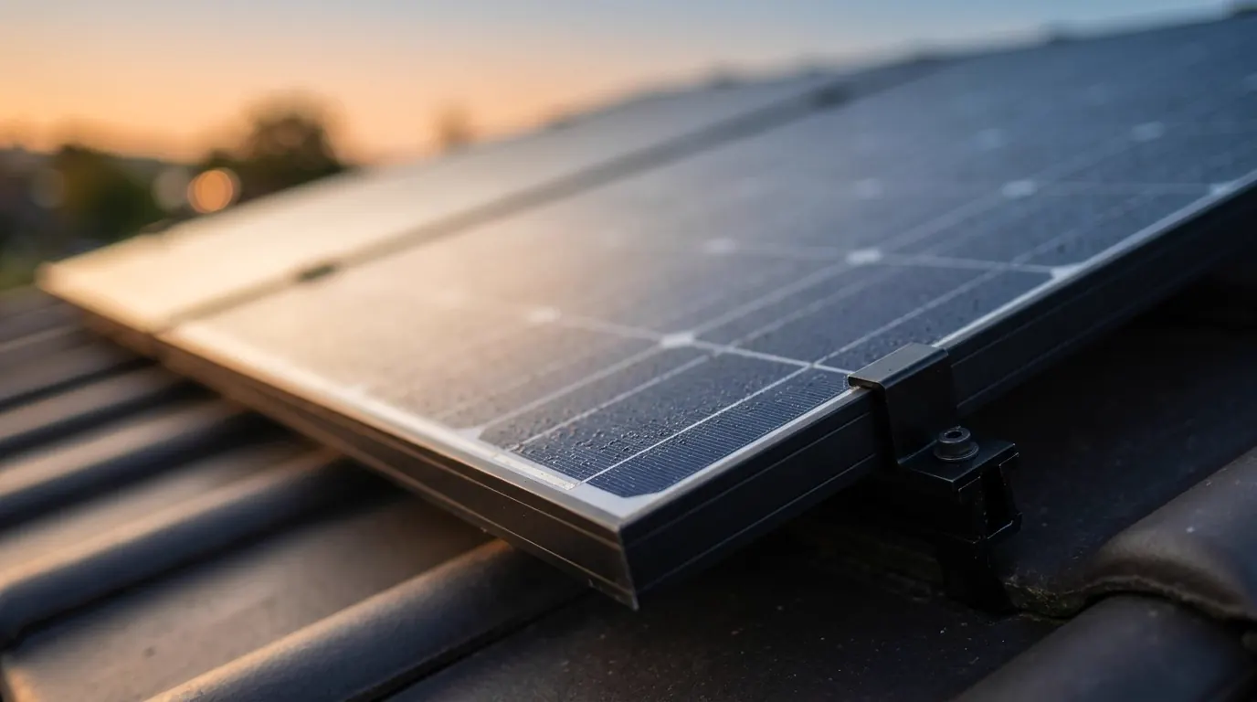 Nahaufnahme eines schwarzen Solarmoduls mit Alurahmen und Montageklemme im Abendlicht