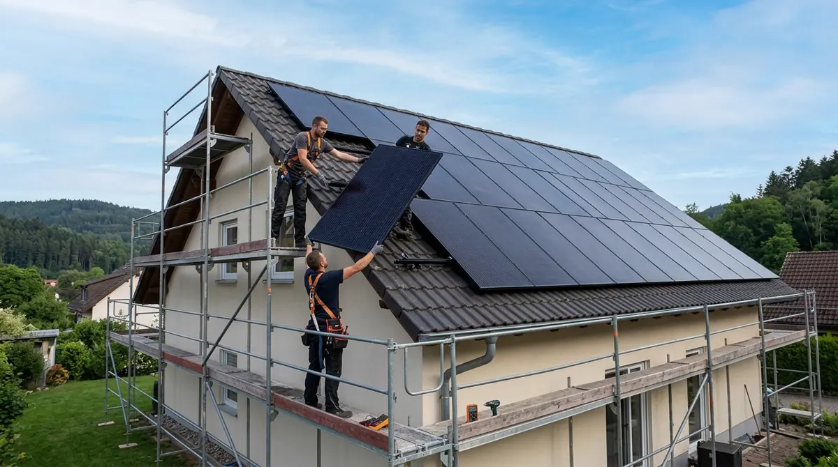 Drei Monteure reichen ein Solarmodul vom Gerüst aufs Dach