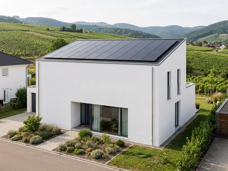 Modernes Einfamilienhaus mit schwarzen Solarmodulen am Ortsrand