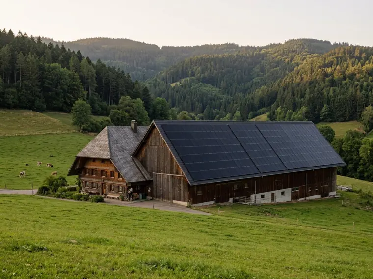 Schwarzwaldhof, dessen Scheunendach komplett mit Solarmodulen belegt ist